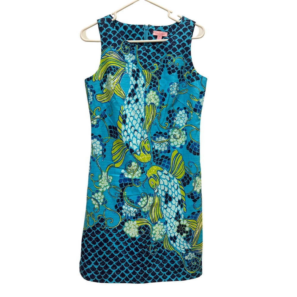 Lilly‎ Pulitzer Shift Dress Women 4 Blue Koi Fish Floral Sleeveless Resortwear